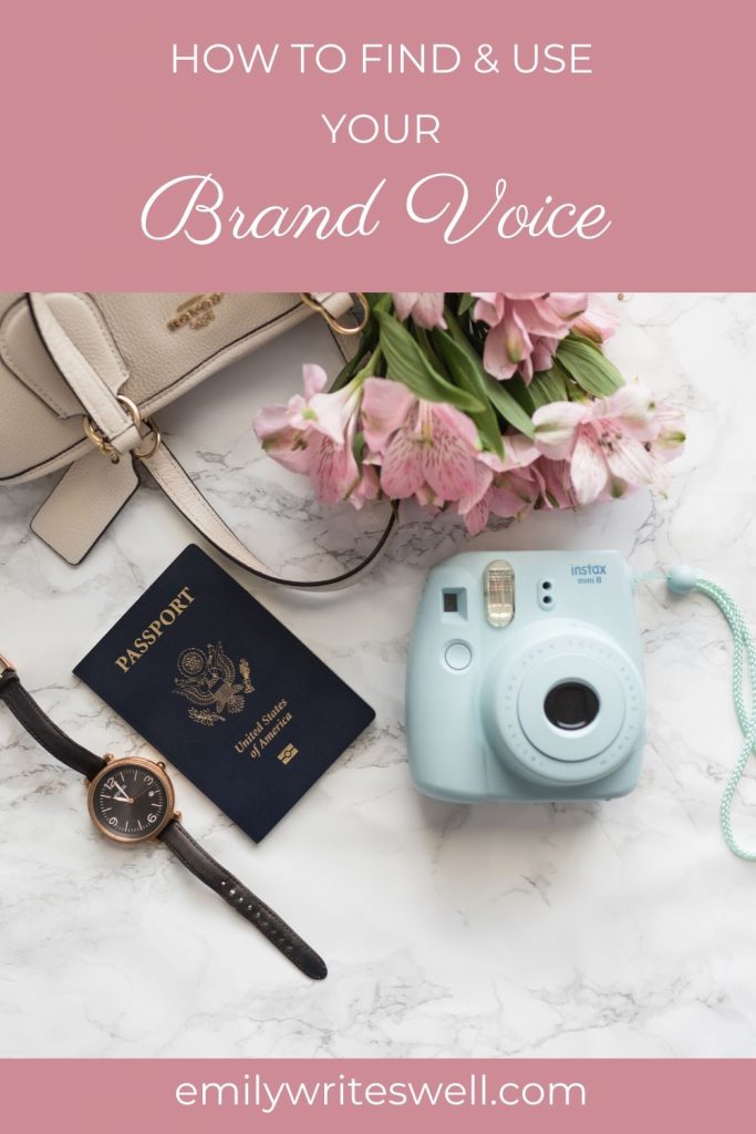 purse spilled with passport flowers and camera text reads: How to find and use your brand voice