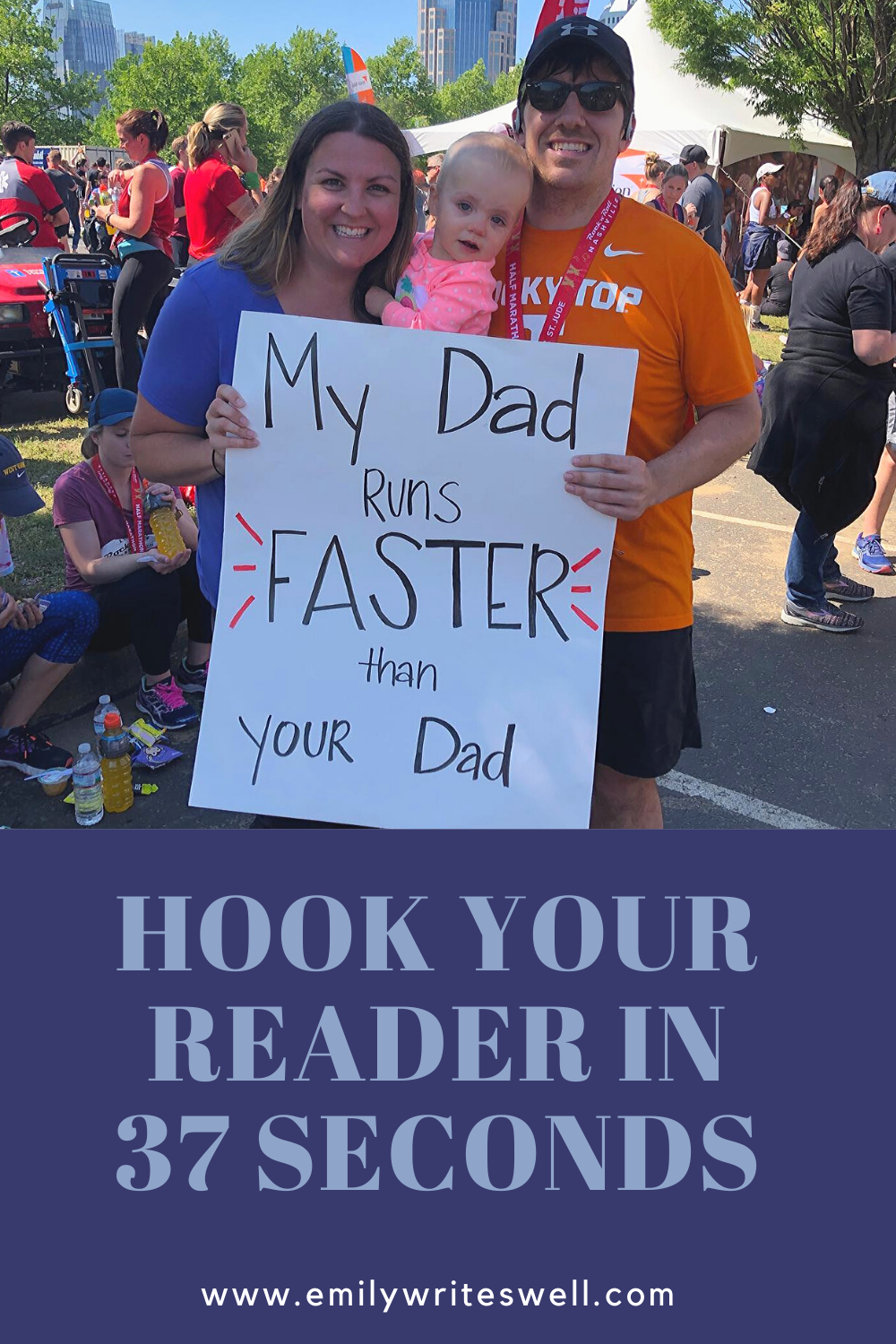 how to engage a reader couple with small child with a supportive poster for a marathon race
