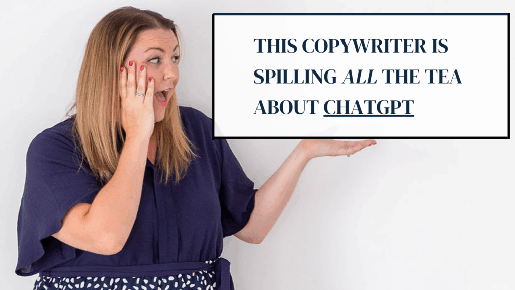 woman with shocked expression looks at words detailing her opinion about using AI for copywriting 